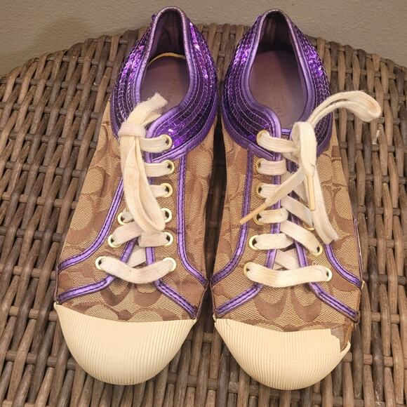 Coach Zorra A1412 Logo Sneakers 8.5 Brown Canvas Purple Sequin Trim Distressed - Picture 1 of 10